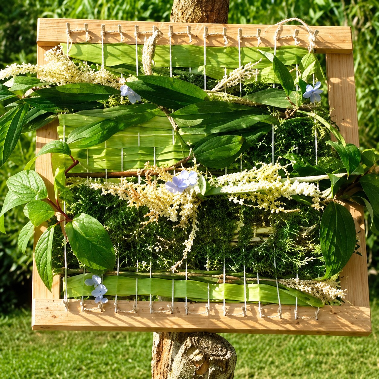 Un cadre en bois monté sur un tronc d'arbre, tissé de feuilles vertes, de brins végétaux et de petites fleurs, au milieu d'un jardin.