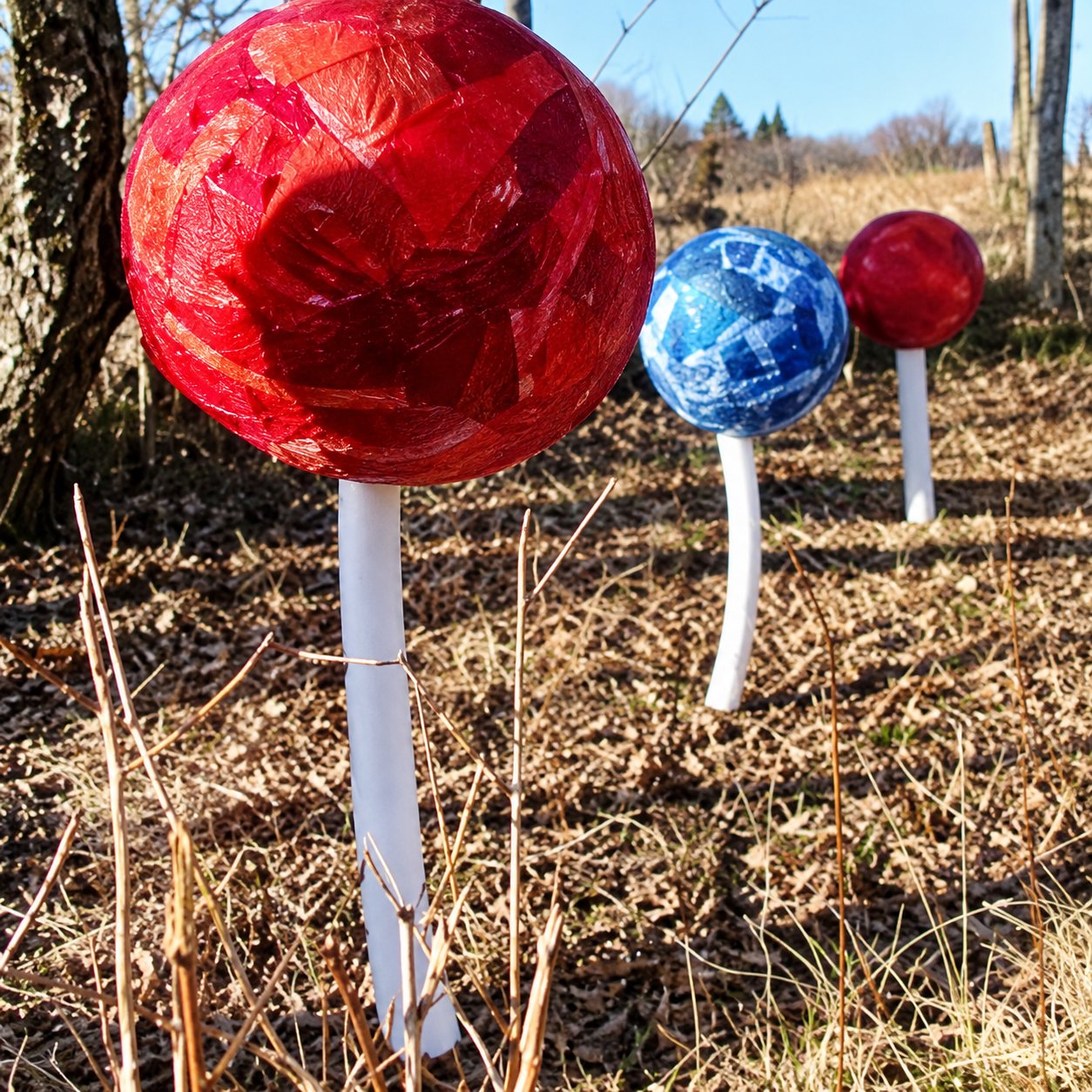 Trois grands champignons décoratifs à chapeau rouge ou bleu sont plantés dans l'herbe sèche d'un jardin, près d'un tronc d'arbre.