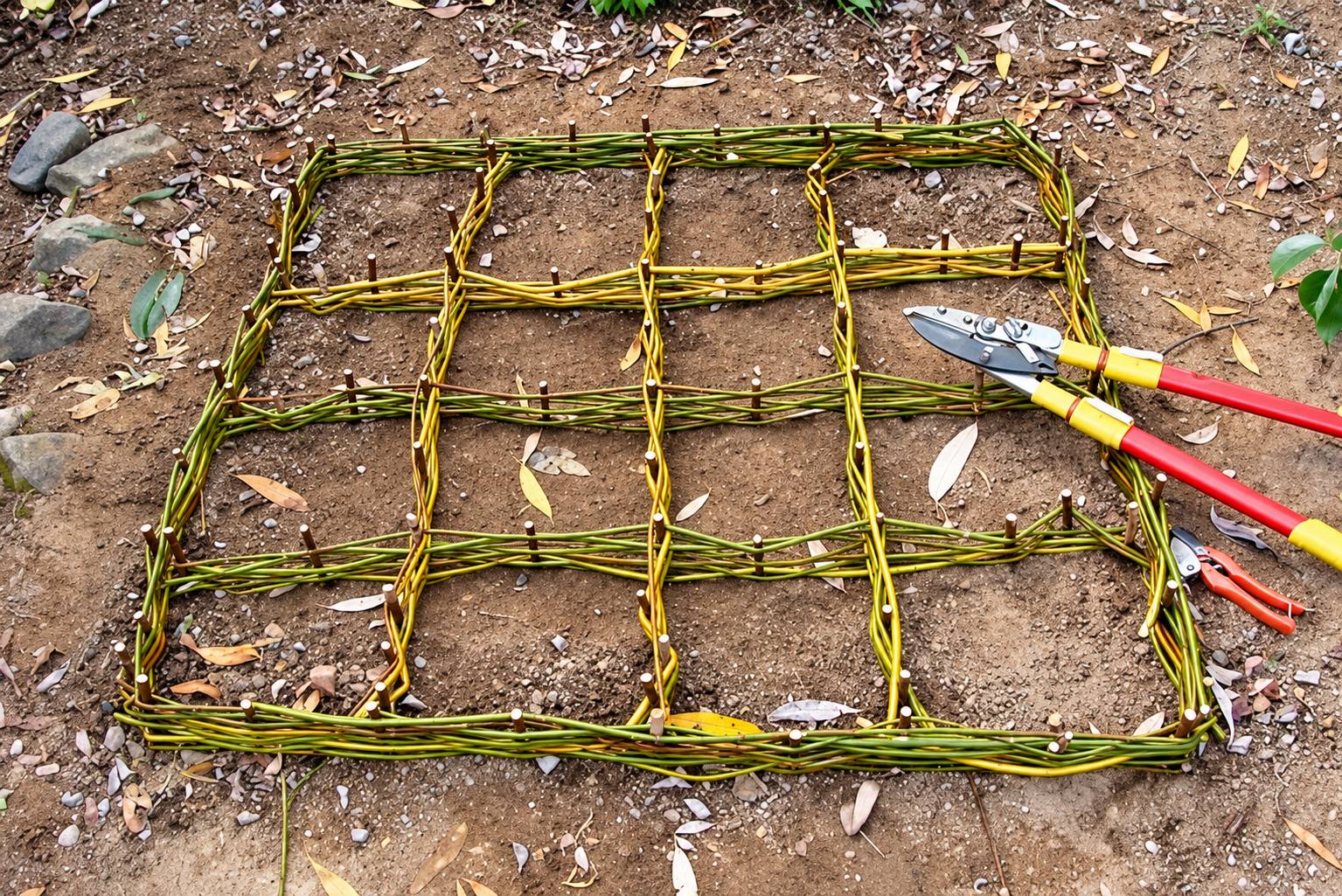 Une grille carrée en osier de saule tressé est posée sur un sol de terre, avec un sécateur à poignées rouges et jaunes à droite.