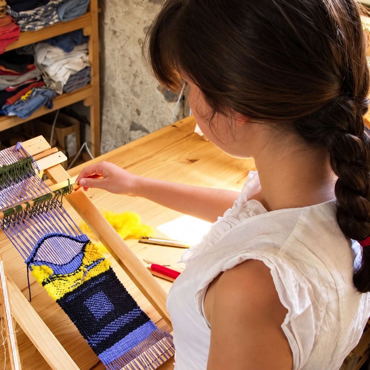 Une jeune femme brune à la longue tresse tisse une pièce bleue, jaune et violette sur un petit métier en bois dans un atelier.